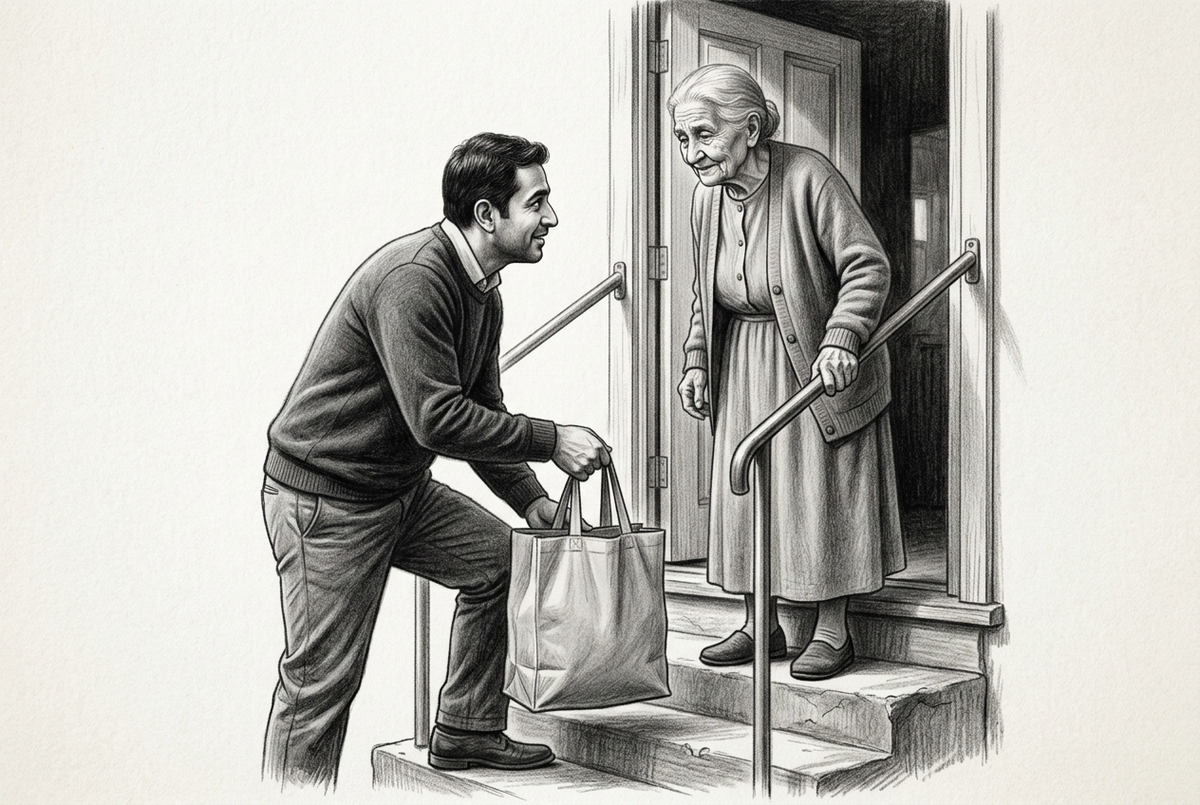 Graphite drawing of a man carrying a grocery bag up steps for an elderly woman standing at her open doorway.