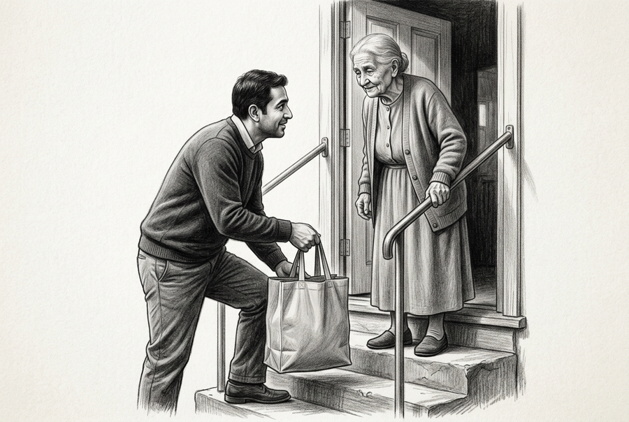 Graphite drawing of a man carrying a grocery bag up steps for an elderly woman standing at her open doorway.