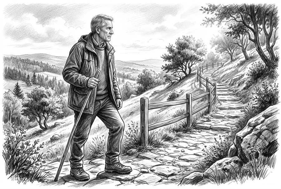 Graphite drawing of a man holding a walking stick at the start of an ascending stone trail, with a wooden railing, scattered trees, and hills beyond.