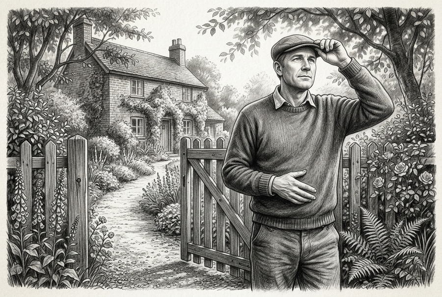 Graphite drawing of a thoughtful man touching the brim of his cap beside an open wooden garden gate, with flowers, leafy trees, and a cottage behind him.