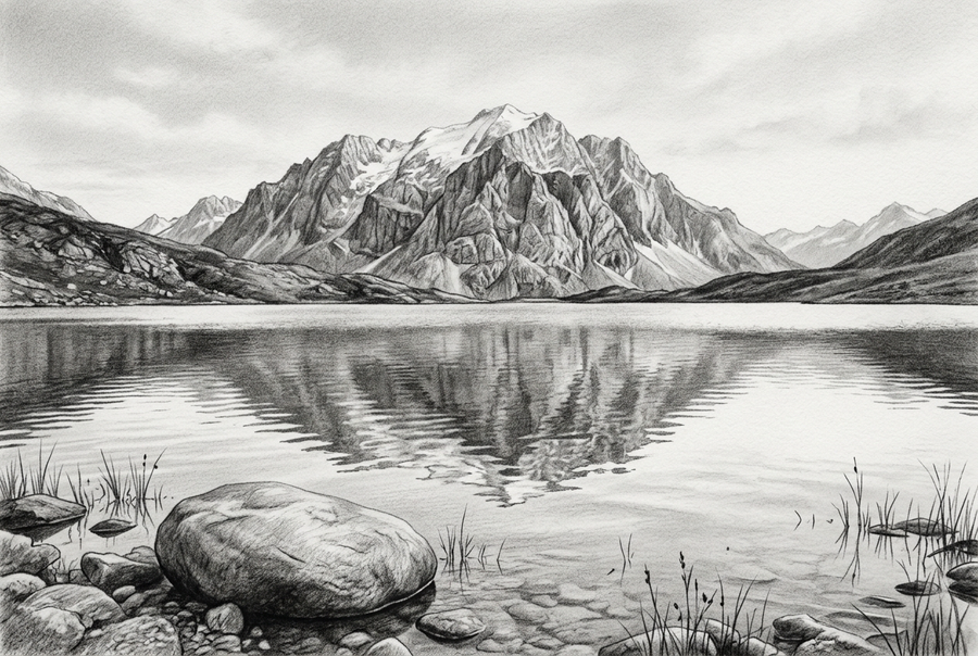 Graphite drawing of a rugged mountain reflected in a gently rippling lake, with smooth rocks and sparse reeds along the foreground shore.
