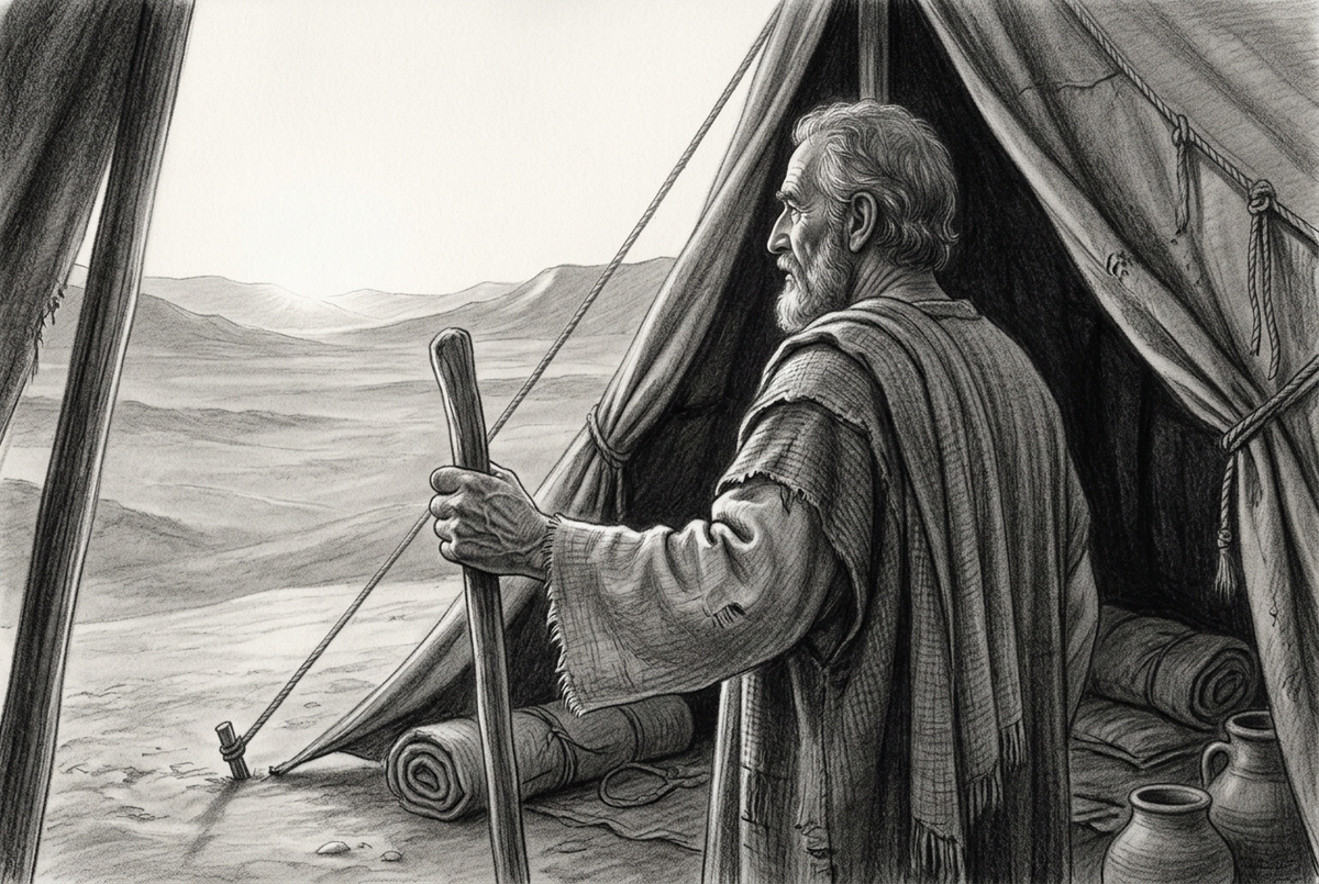 Graphite drawing of an elderly traveler holding a staff at his tent entrance, gazing across a desert valley toward distant hills.