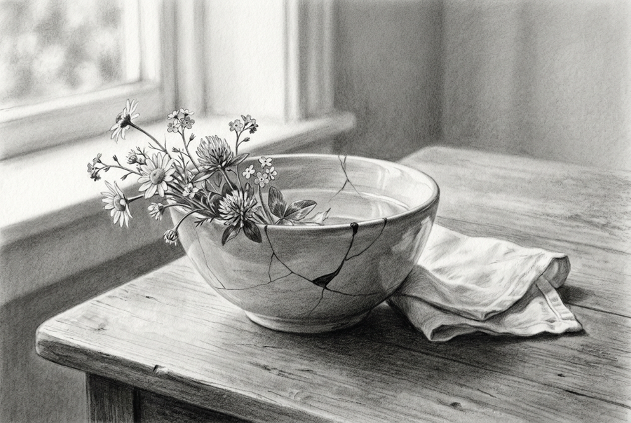 Graphite drawing of a repaired ceramic bowl holding water and meadow flowers on a wooden table beside a folded cloth, softly lit by a window.