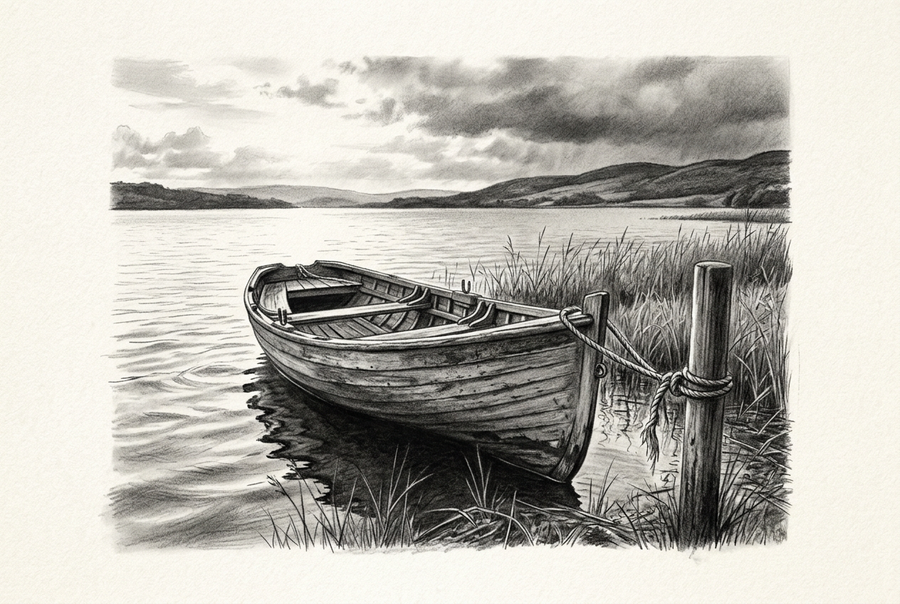 Graphite drawing of a weathered wooden boat tied by rope to a lakeshore post, with reeds, gentle ripples, and dark clouds above distant hills.