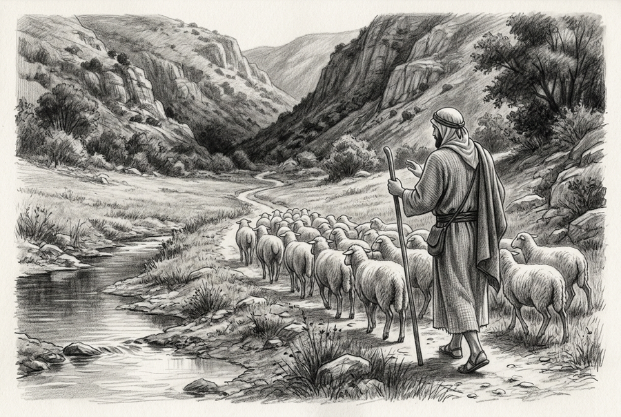 Graphite drawing of a robed shepherd carrying a wooden staff and guiding a flock along a streamside path toward a valley between rocky hills.