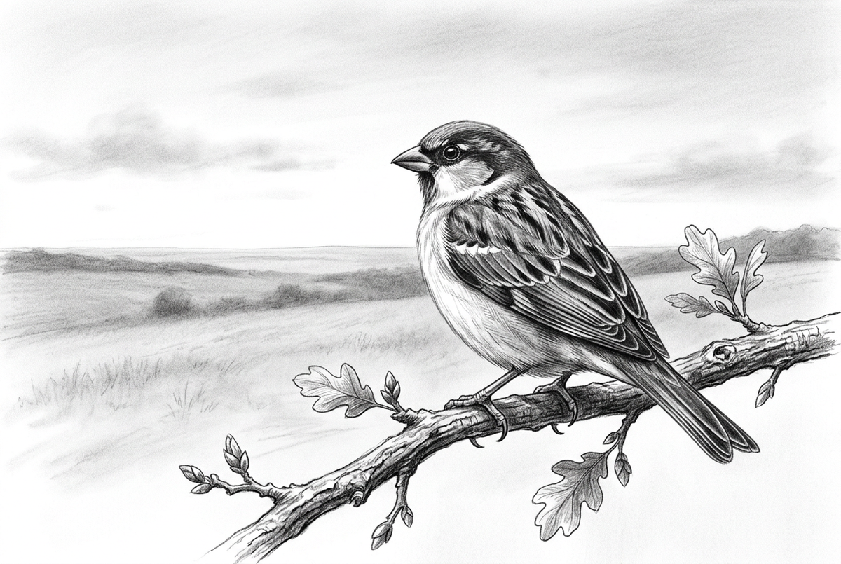 Graphite drawing of a small songbird resting with folded wings on a leafy, budding branch above a quiet meadow and distant hills.