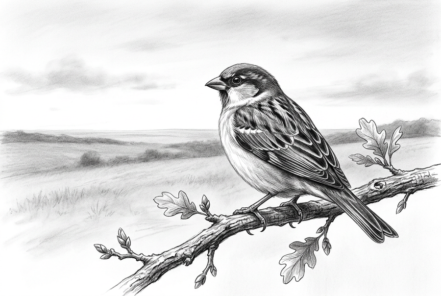 Graphite drawing of a small songbird resting with folded wings on a leafy, budding branch above a quiet meadow and distant hills.