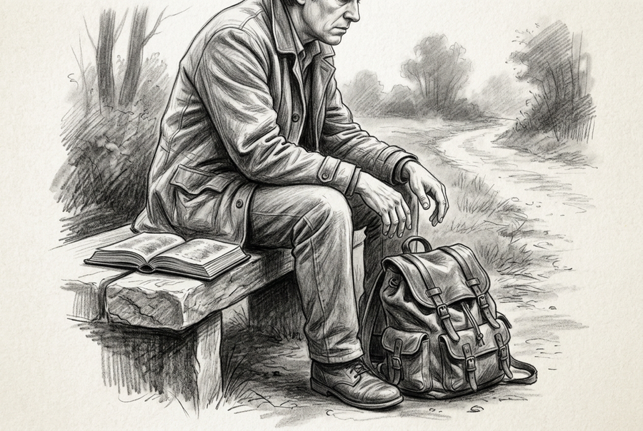 Graphite drawing of a traveler resting on a stone bench beside a path, with a backpack set at his feet and an open Bible beside him.
