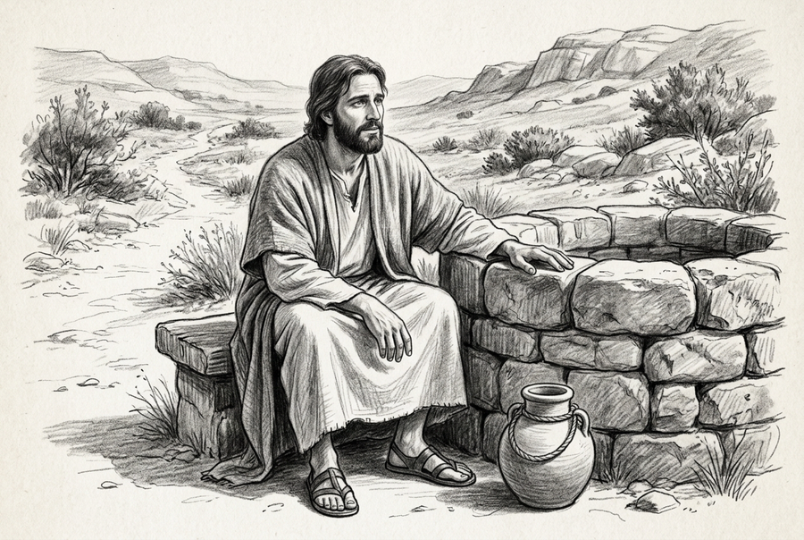 Graphite illustration of Jesus seated beside a stone well, one hand resting on its rim, with a clay water jar nearby and rocky hills beyond.