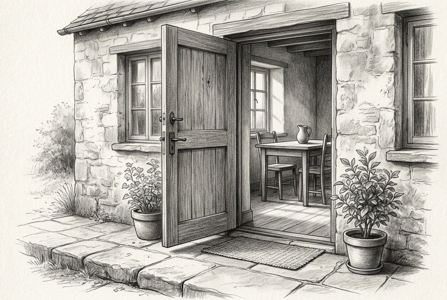 Graphite drawing of an open wooden door in a stone cottage, with potted plants by the threshold and a table, chairs, and pitcher visible inside.