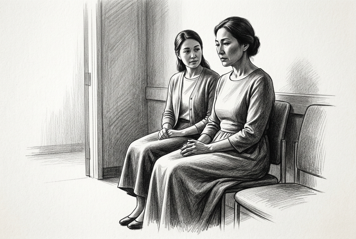 Graphite drawing of a pensive woman seated in a waiting room with a supportive friend beside her near an open doorway.