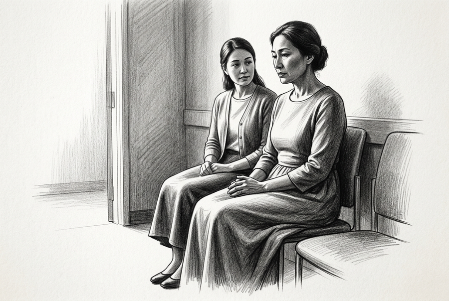 Graphite drawing of a pensive woman seated in a waiting room with a supportive friend beside her near an open doorway.