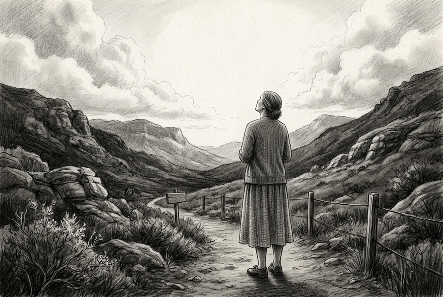 Graphite drawing of a woman in a long skirt standing on a rocky valley trail, looking upward toward an open sky framed by clouds and hills.