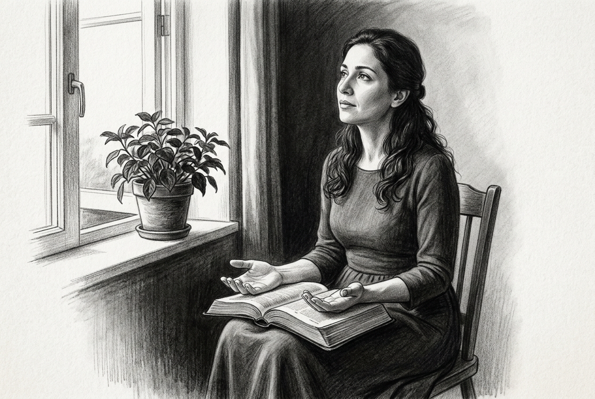 Graphite drawing of a woman praying with open hands and a Bible on her lap beside an open window and a leafy potted plant.