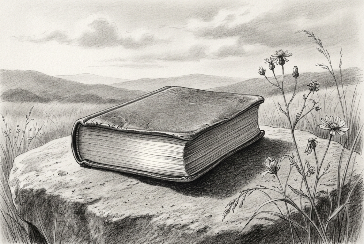 Graphite drawing of a worn, closed Bible resting on a broad stone beside fading wildflowers and grasses, with distant hills beneath a cloudy sky.