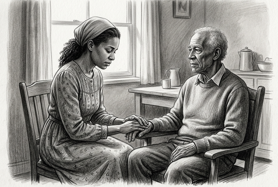 Graphite drawing of an adult daughter gently holding her elderly father’s hand as they sit beside a window.