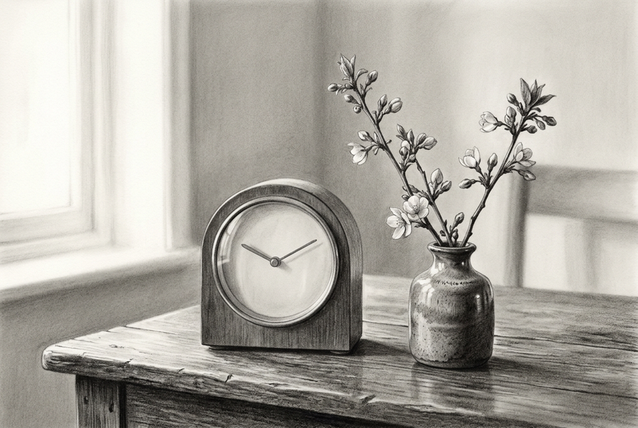 Graphite illustration of a wooden mantel clock with an unmarked face beside a ceramic vase of flowering branches on a worn table by a window.