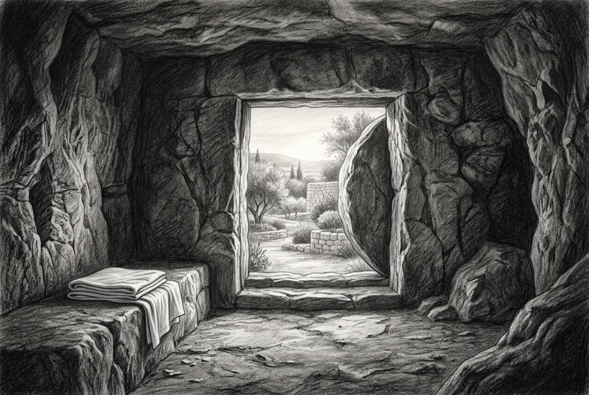 Graphite illustration of an empty rock-cut tomb with folded linen on a stone bench, the entrance open to a garden and the round stone rolled aside.