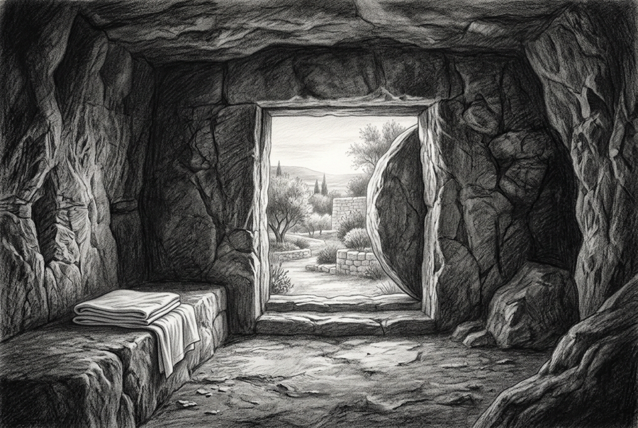 Graphite illustration of an empty rock-cut tomb with folded linen on a stone bench, the entrance open to a garden and the round stone rolled aside.