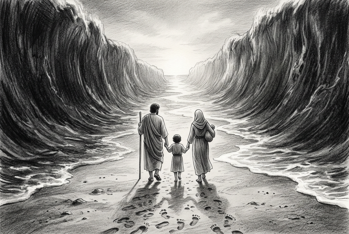 Graphite illustration of an Israelite family holding hands as they walk along a path between towering parted waters, depicting Exodus 14.