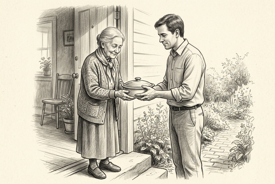 Graphite drawing of an older woman in a long skirt receiving a covered dish from a younger man at her doorway, beside a garden path.