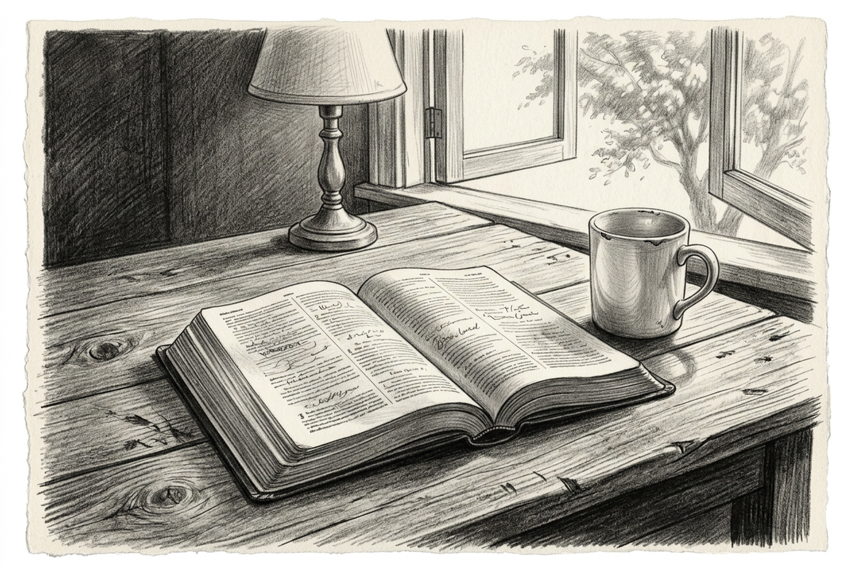 Graphite drawing of an open Bible on a wooden table beside a ceramic mug and table lamp, with a leafy tree visible through an open window.