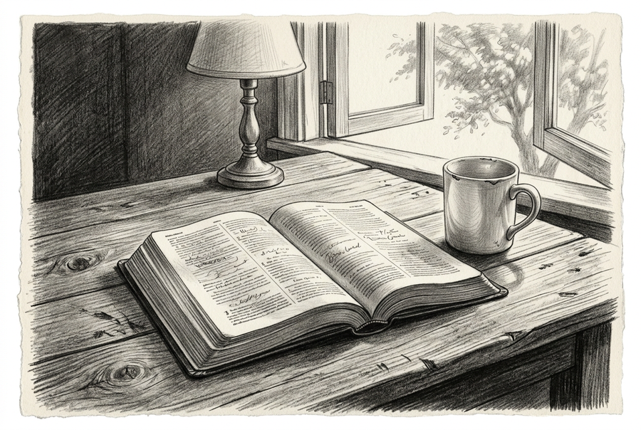 Graphite drawing of an open Bible on a wooden table beside a ceramic mug and table lamp, with a leafy tree visible through an open window.