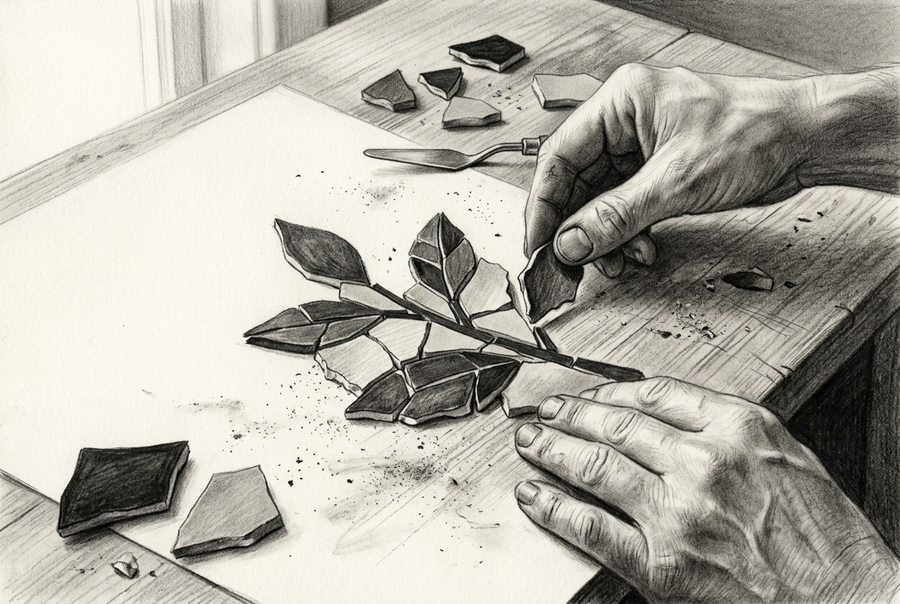 Graphite drawing of a craftsperson's hands arranging broken ceramic pieces into an unfinished leafy-branch mosaic on a wooden table, with loose fragments nearby.