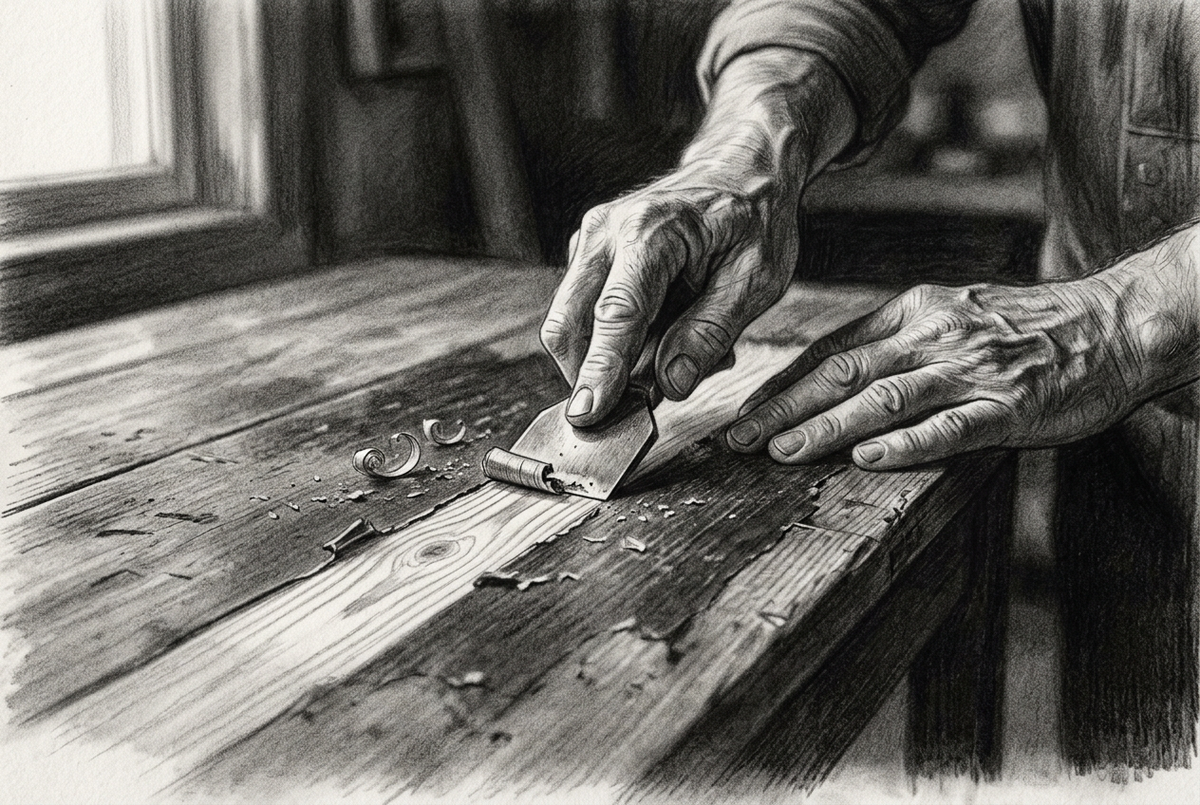 Graphite drawing of a woodworker’s hands scraping an old tabletop to reveal light wood grain beneath the dark finish.
