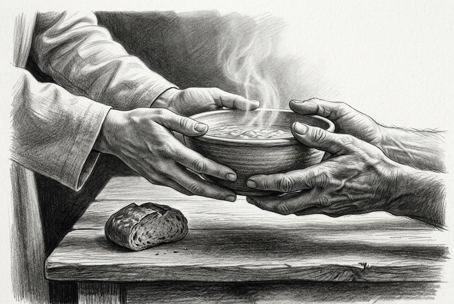 Graphite drawing of hands sharing a steaming bowl of food across a wooden table beside bread, illustrating practical care in James 2.