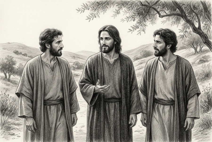 Graphite illustration of Jesus explaining Scripture as two disciples listen while walking along the road to Emmaus beneath an olive tree.