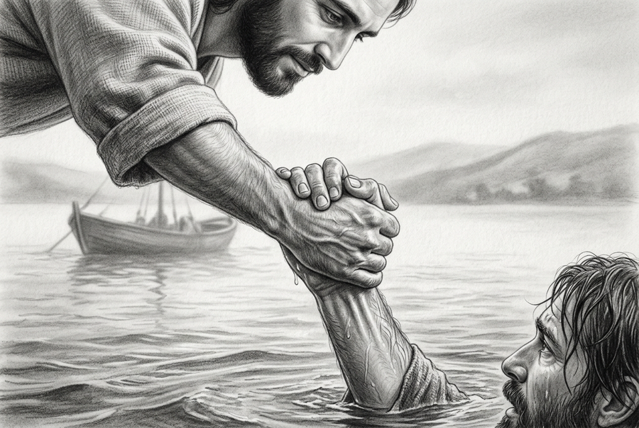 Graphite illustration of Jesus grasping Peter’s hand above the water, with a fishing boat and distant hills behind them.