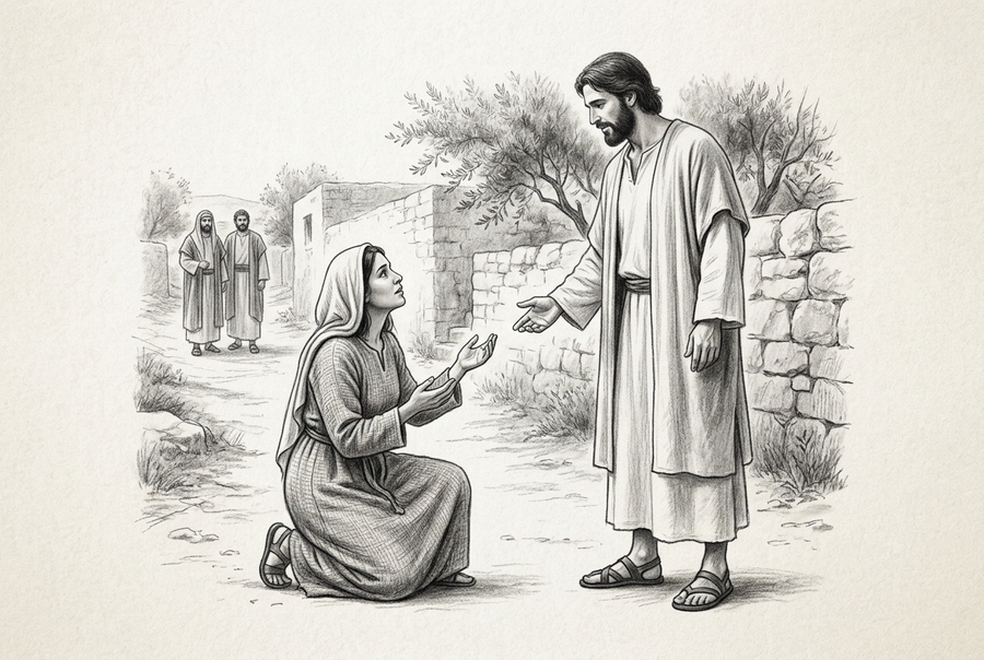 Graphite illustration of the Canaanite woman kneeling with open hands before Jesus, who extends a hand toward her, with two disciples and a stone wall behind them.
