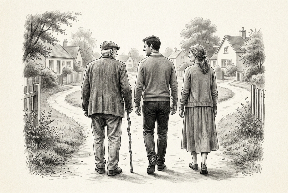 Graphite drawing of an older man with a walking stick, a younger man, and a woman in a long skirt walking together along a path toward neighborhood homes.