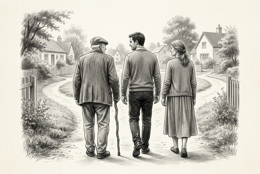Graphite drawing of an older man with a walking stick, a younger man, and a woman in a long skirt walking together along a path toward neighborhood homes.