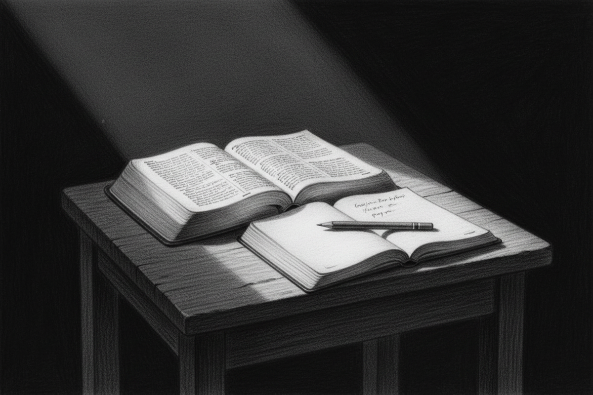 Black-and-white graphite drawing of an open Bible and prayer journal illuminated by a beam of light