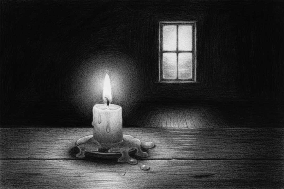 Black-and-white graphite drawing of a small candle burning steadily in a quiet room before dawn