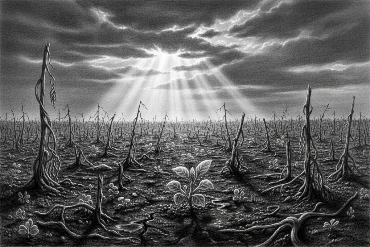 Black-and-white graphite drawing of fresh plants emerging after rain from a field scarred by drought and damage