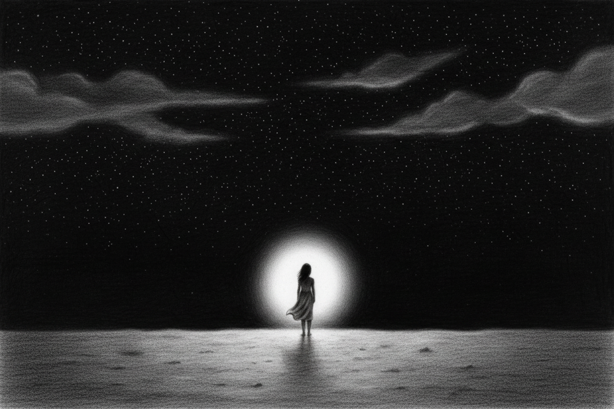 Black-and-white graphite drawing of a solitary person surrounded by gentle light beneath an immense star-filled sky