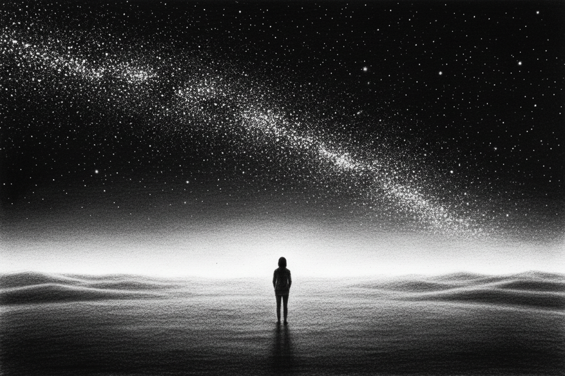 Black-and-white graphite drawing of a solitary person beneath a vast star-filled sky with gentle light on the horizon
