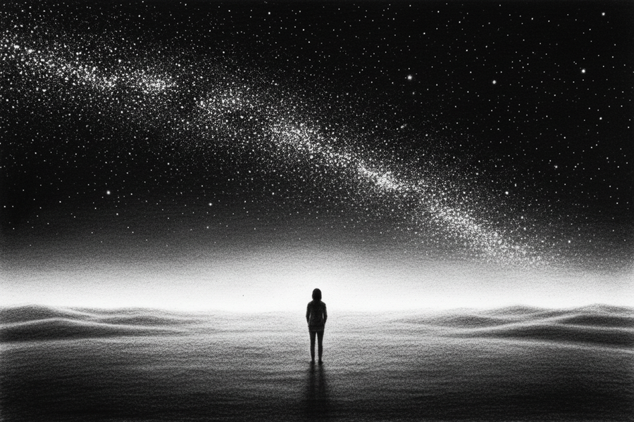 Black-and-white graphite drawing of a solitary person beneath a vast star-filled sky with gentle light on the horizon