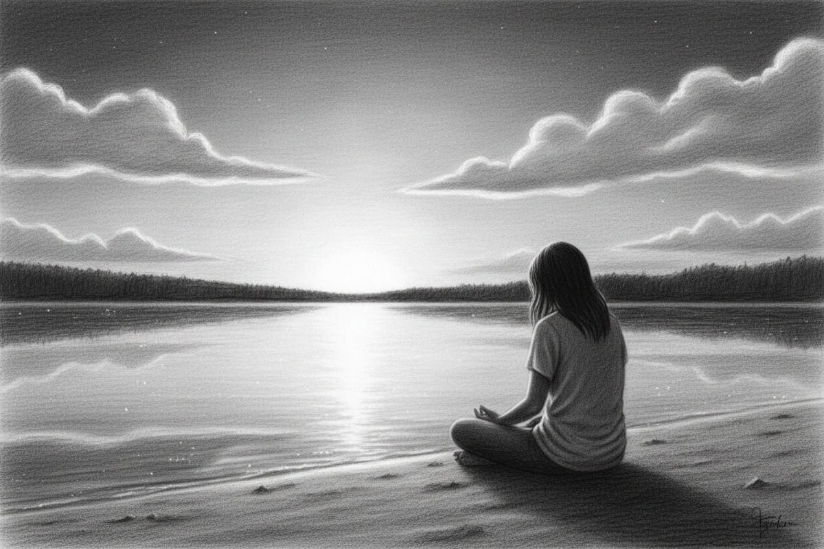 Black-and-white graphite drawing of a person resting beside a quiet lake at sunrise with empty hands