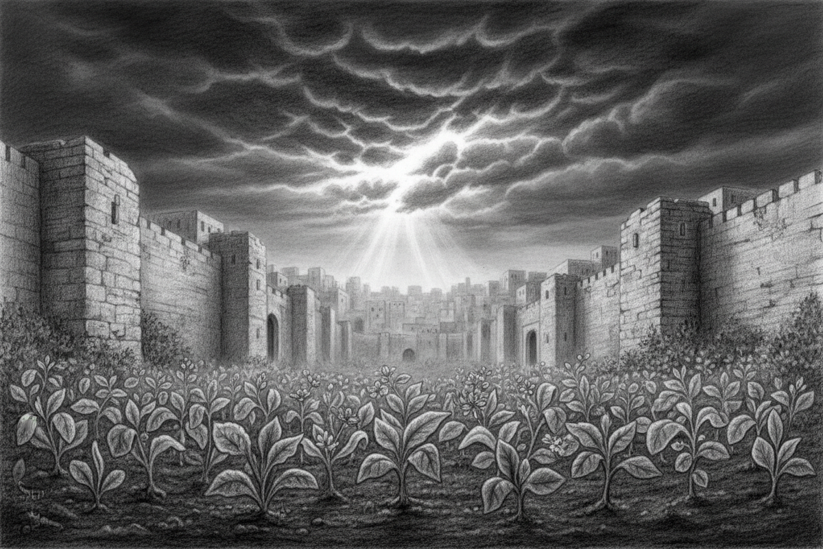 Black-and-white graphite drawing of a thriving garden beside an unfamiliar ancient city, with light breaking through distant clouds