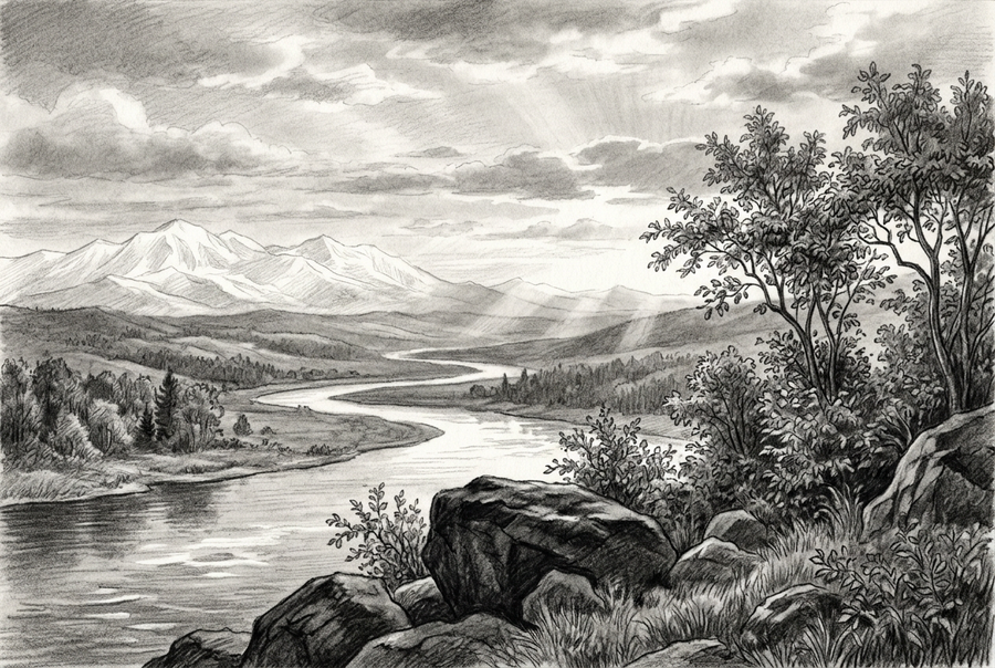 Graphite landscape of a river winding through a wooded valley toward distant mountains, with rocks and trees in the foreground and sunlight breaking through clouds.