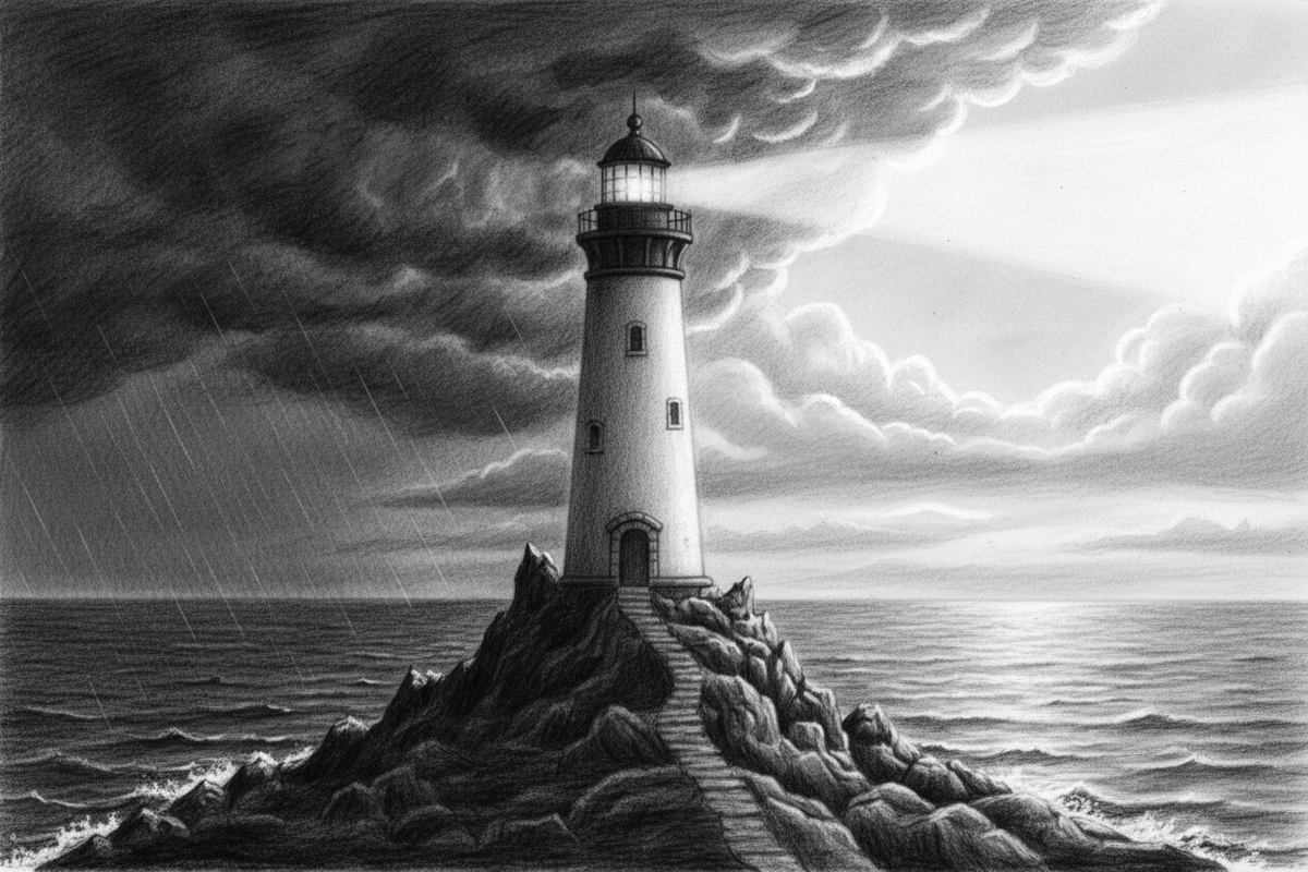 Black-and-white graphite drawing of a lighthouse standing firm as storm clouds give way to clearing light