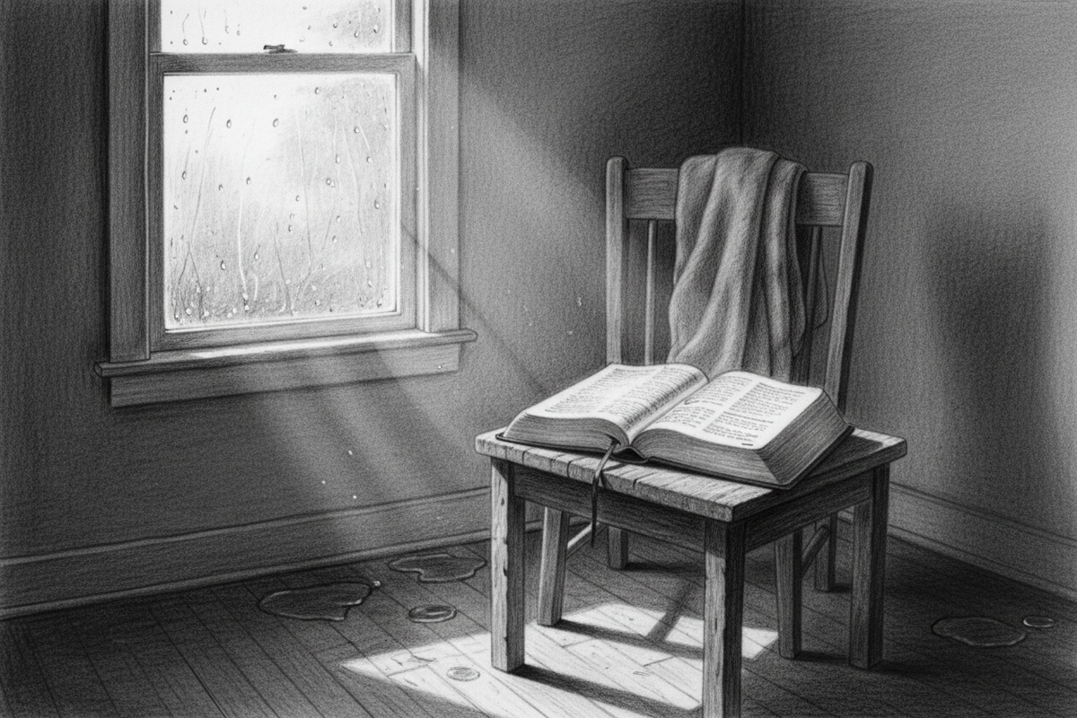Black-and-white graphite drawing of morning light entering a quiet room and illuminating an open Bible after rain