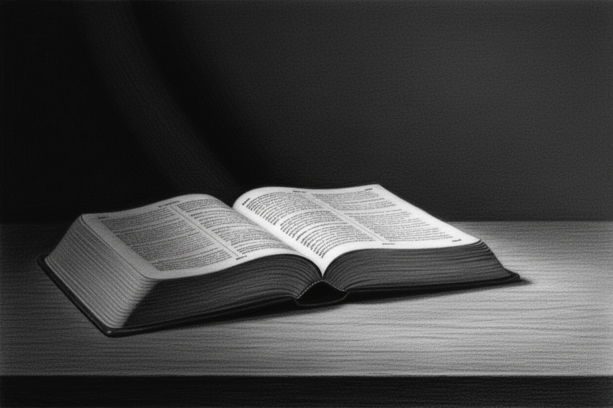 Black-and-white graphite drawing of an open book emerging from deep shadow as light spreads across its pages