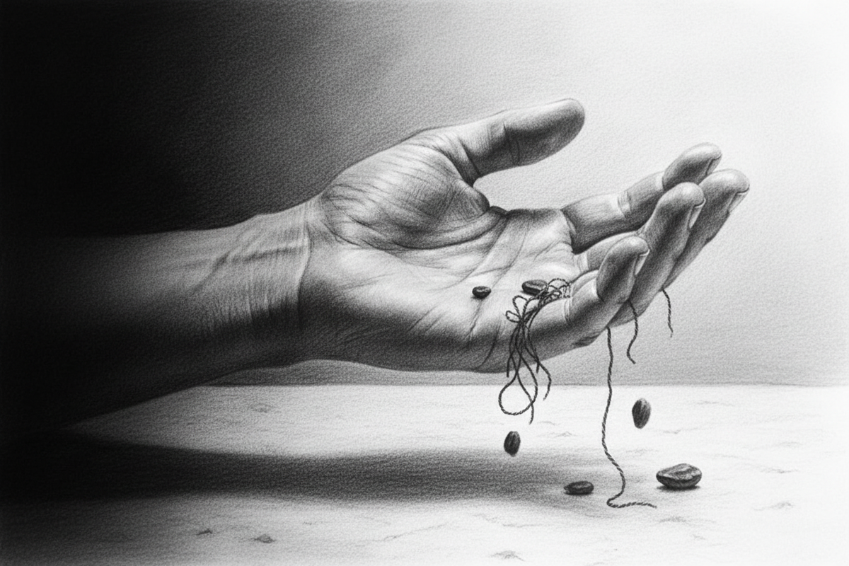 Black-and-white graphite drawing of an open hand releasing small burdens into soft morning light