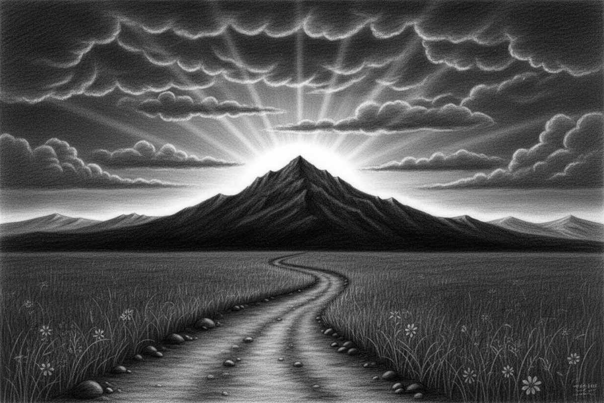 Black-and-white graphite drawing of a winding path crossing a dark ridge into radiant morning light