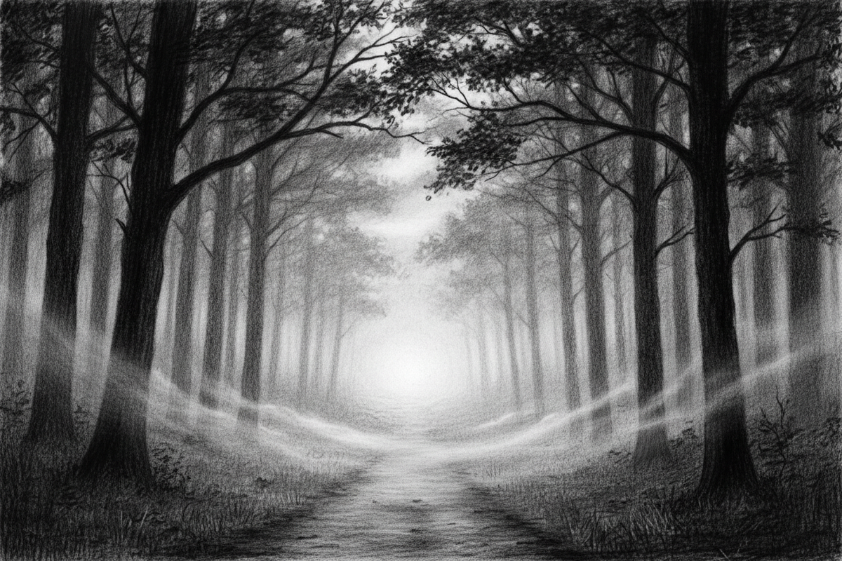 Black-and-white graphite drawing of a narrow path entering dense morning mist beneath tall trees, with light ahead